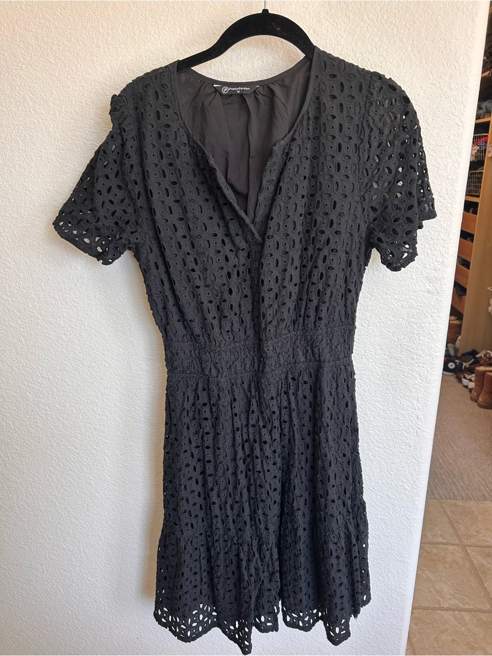 Black Eyelet V-Neck Short Dress